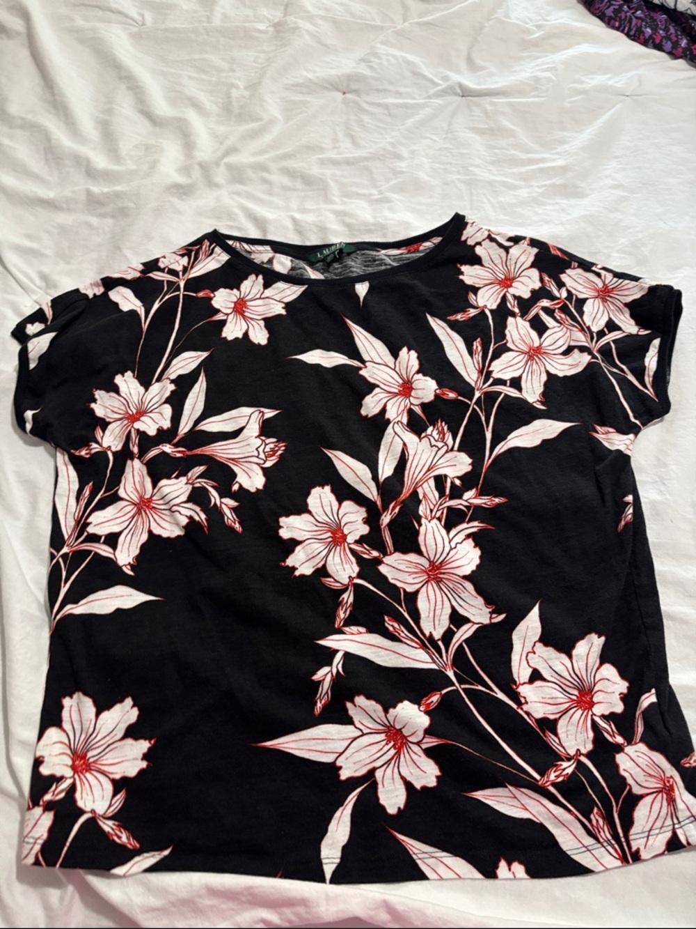 Lauren Ralph Lauren Black Floral Short Sleeve Tee with Pink Accents
